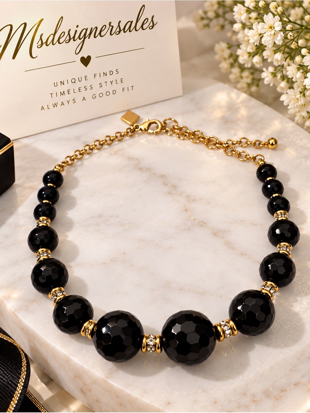 Black Beaded Statement Necklace - Gold Accents